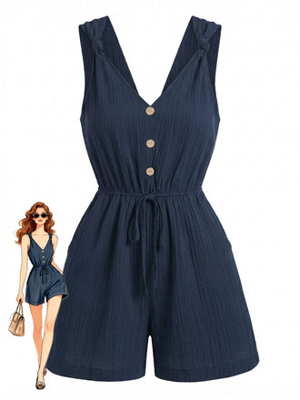 Combishort Col V à Bretelles Nouées Boutonné Bleu Années 1950