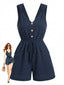 Combishort Bleu Col V à Bretelles Nouées Boutonné Années 1950