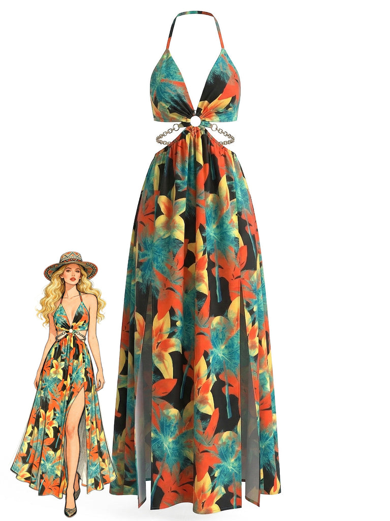 Robe Longue Halter Dos Nu Fendue Florale Années 1930
