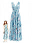Maxi-robe bleue col V et motif floral années 1930