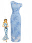 Robe Sirène Bleue Asymétrique à Broderie Florale Années 1930