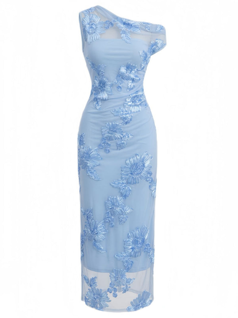 Robe Sirène Bleue Asymétrique à Broderie Florale Années 1930