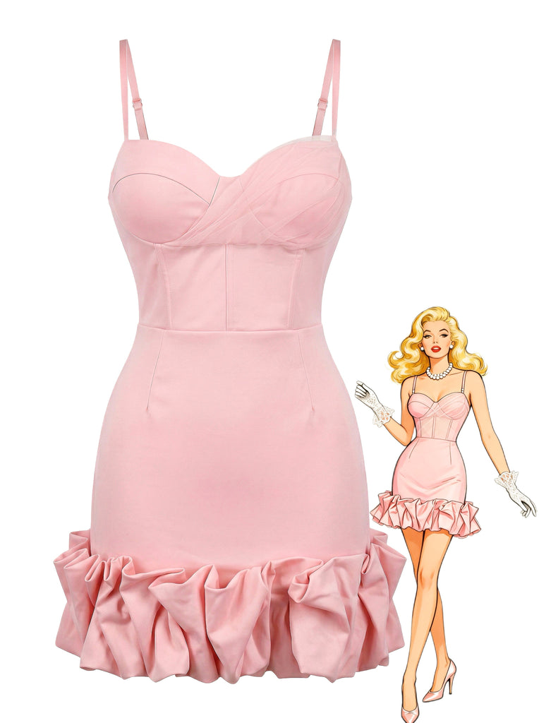 Robe Rose à Bretelles Fines et Ourlet à Volants Années '60