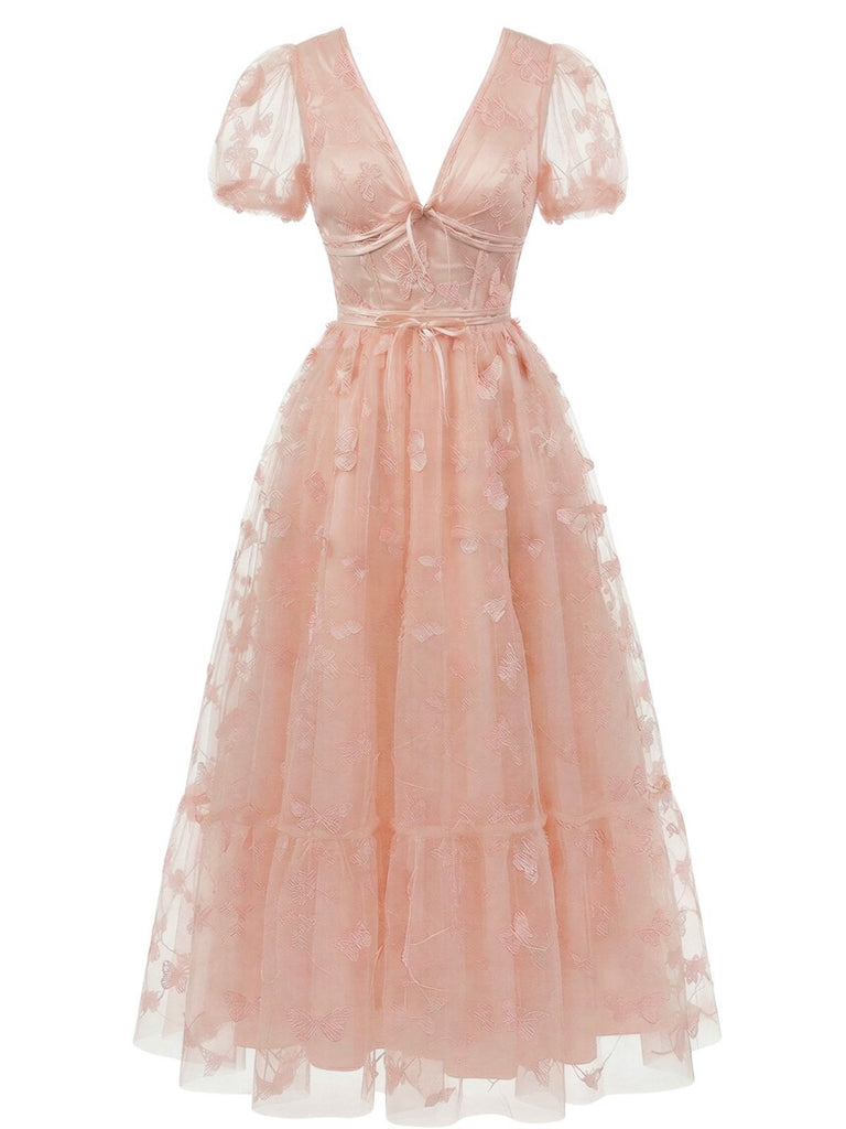 Robe longue en filet brodé floral à papillons années 30