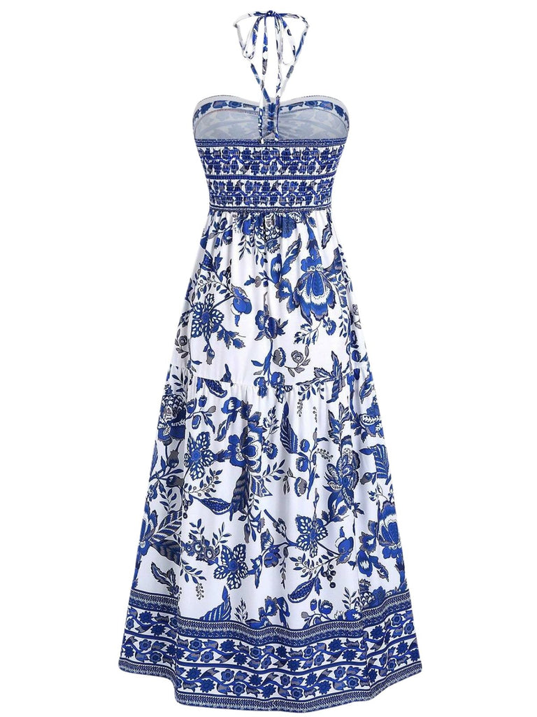 Robe Boho Bleue Halter à Nœud Imprimé Porcelaine Années '70 3