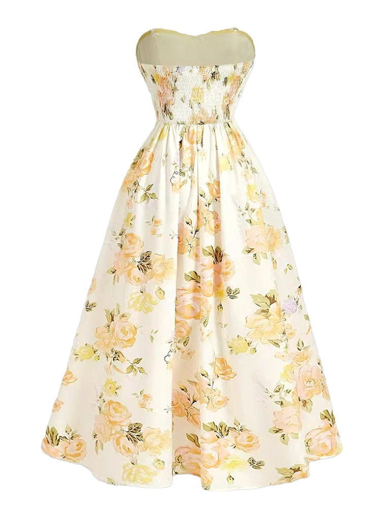 Longue robe bustier jaune motif floral années 1930