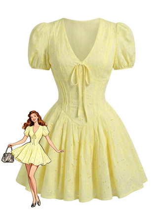 Mini Robe Jaune en Coton Manches Bouffantes Années 1960