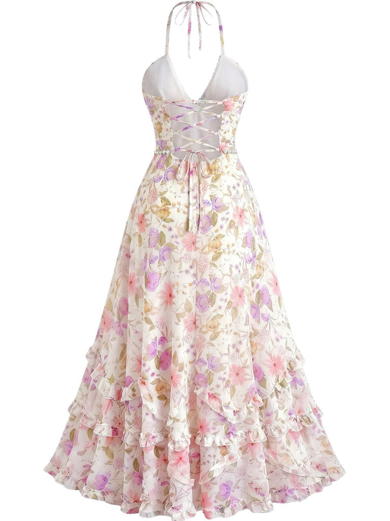 Robe Longue Dos-Nu Florale Multicolore Années 1930