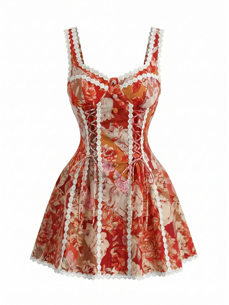 Robe Mini Rouge Corset Dentelle Floral Années 1960
