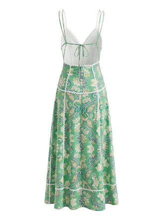 Robe Boho Paisley Floral Découpé Dos Nu Midi Vert Années 1970 2