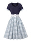 Robe Bleue Marine Ceinturée Imprimé Géométrique Années 1950