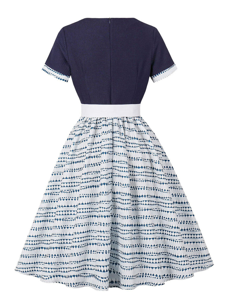 Robe Évasée Ceinturée Imprimé Géométrique Bleu Foncé Années 1950 2