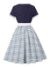 Robe Évasée Ceinturée Imprimé Géométrique Bleu Foncé Années 1950 2
