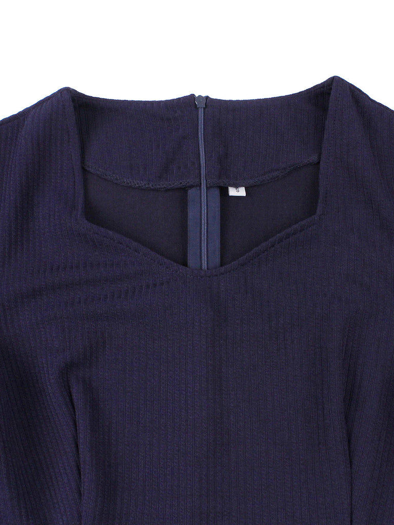 Robe Évasée Ceinturée Imprimé Géométrique Bleu Foncé Années 1950 3