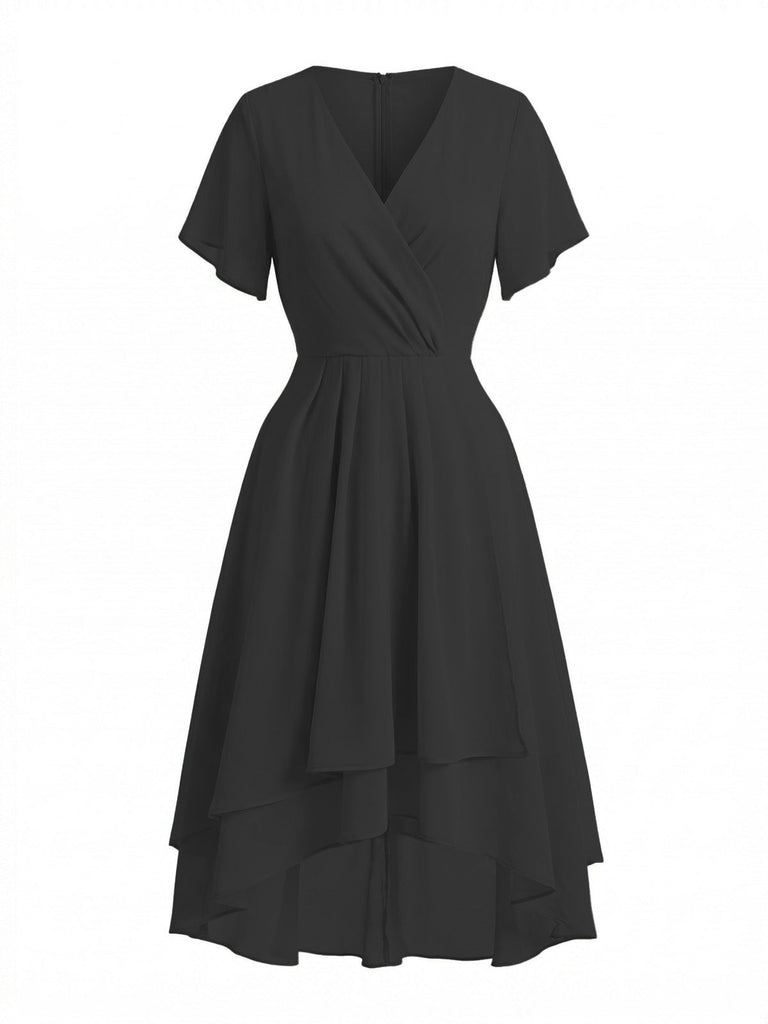 Robe Solid Col V à Volants Sleeve en Mousseline Asymmetrical Années 1950 6