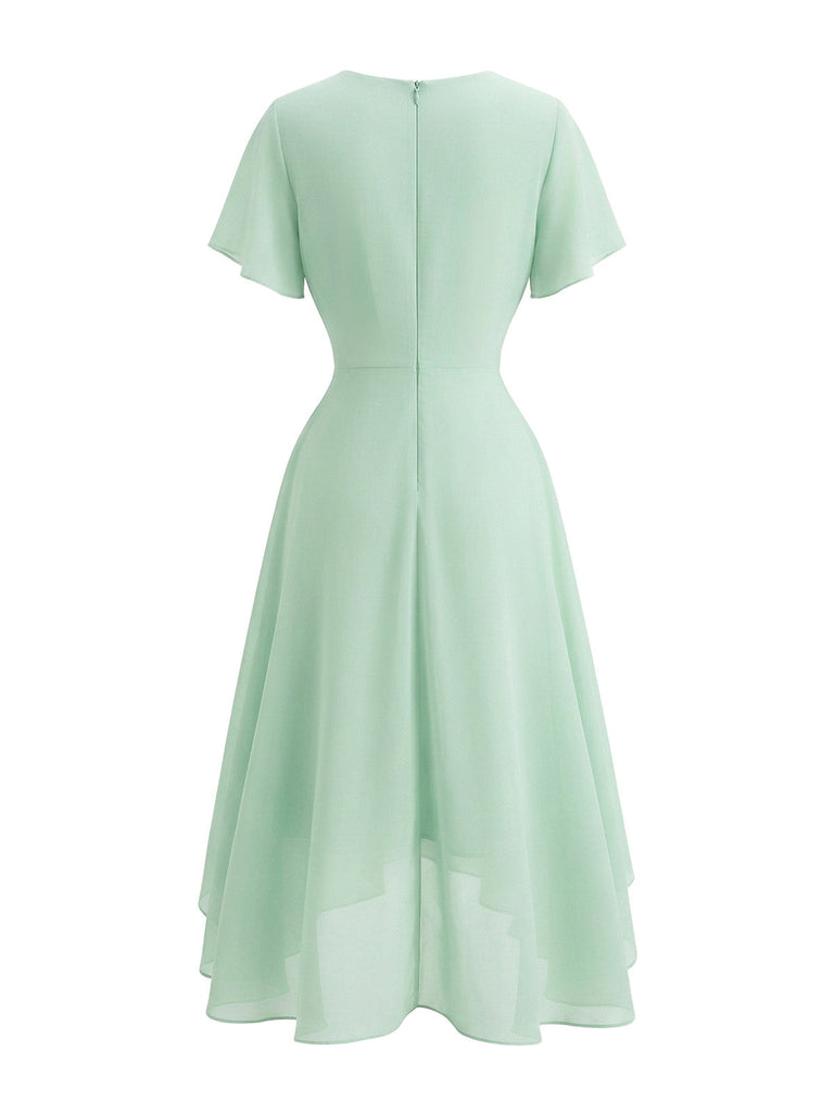 Robe Solid Col V à Volants Sleeve en Mousseline Asymmetrical Années 1950 3