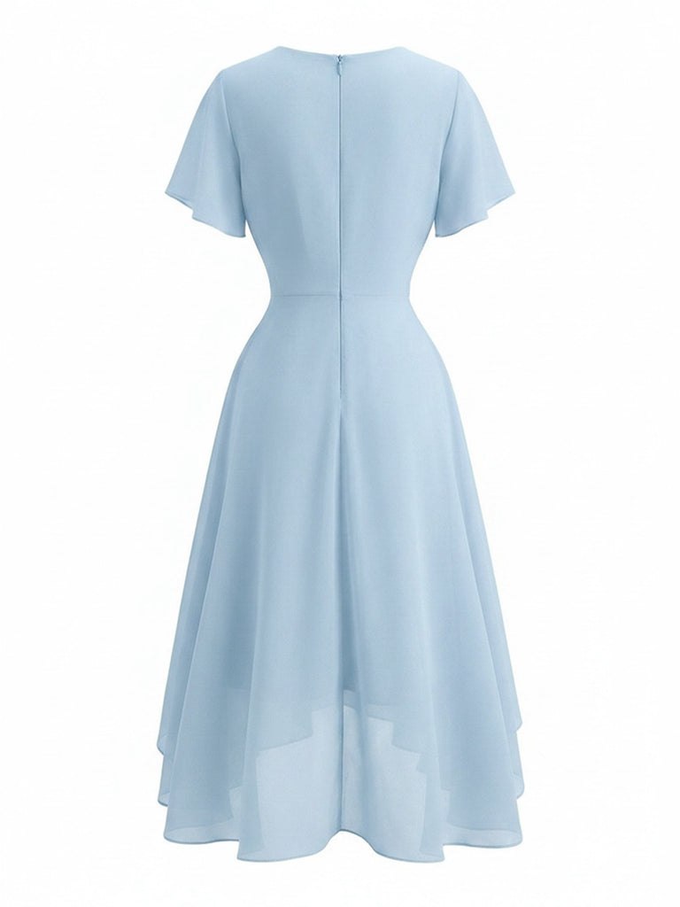 Robe Unie Col V en Mousseline Asymmetrical Années 1950