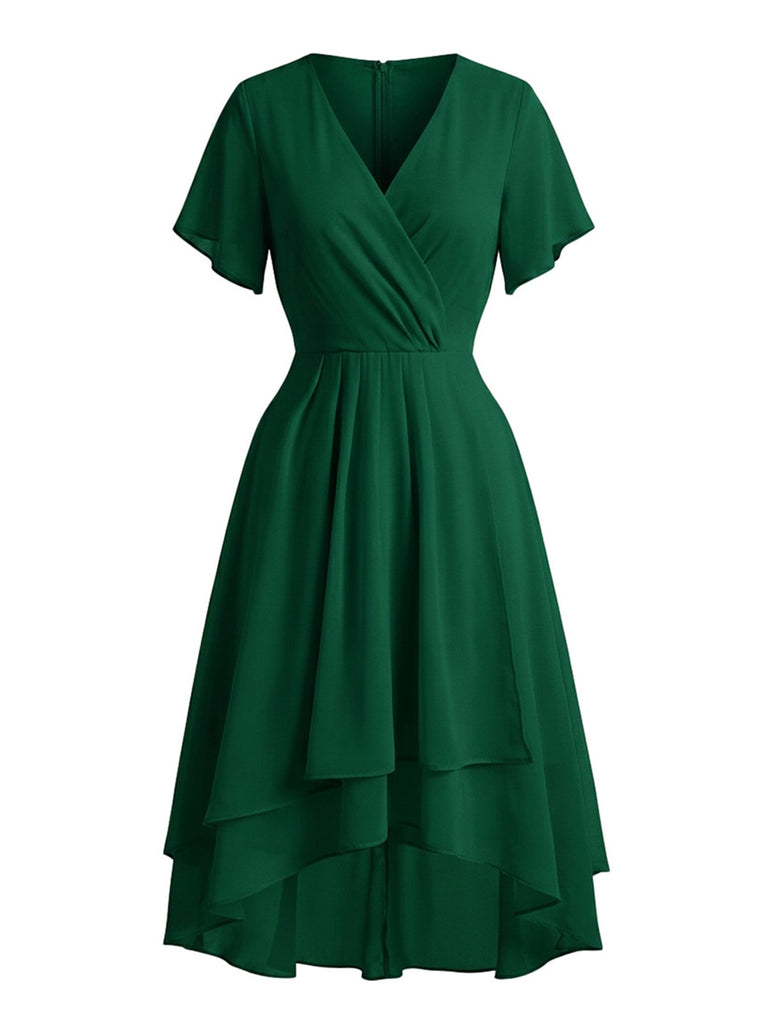 Robe Unie Col V en Mousseline Asymmetrical Années 1950