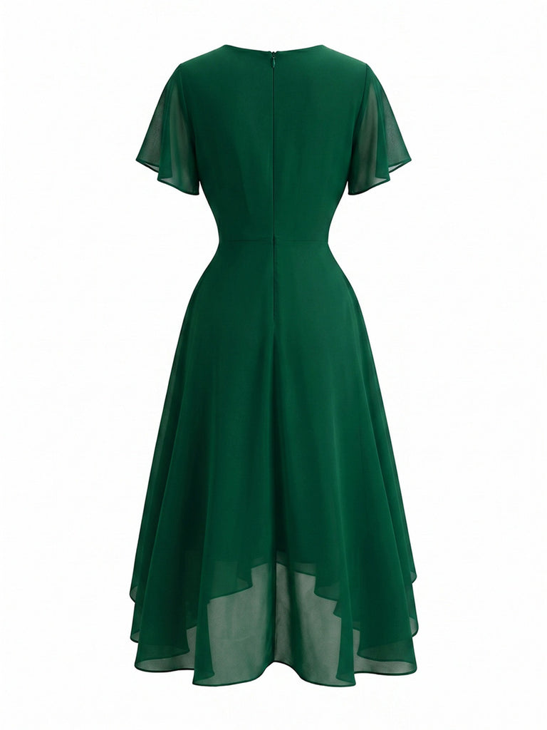 Robe Unie Col V en Mousseline Asymmetrical Années 1950