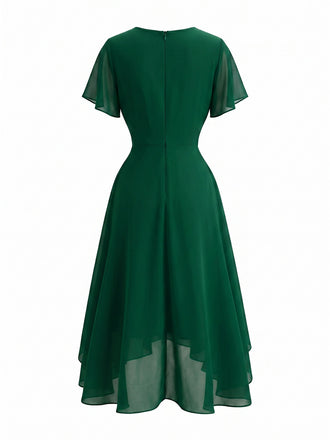 Robe Verte Foncée Col V en Mousseline Asymmetrical Années 1950