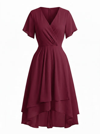 Robe Rouge Col V en Mousseline Asymmetrical Années 1950