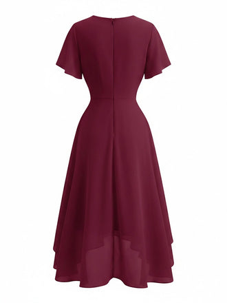 Robe Rouge Col V en Mousseline Asymmetrical Années 1950