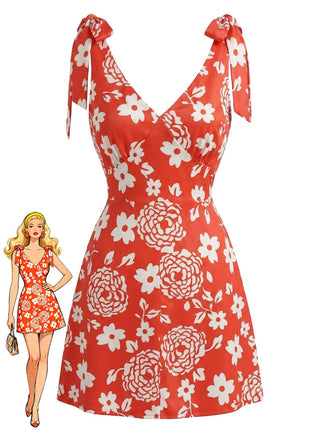 Mini Robe Orange Col V Florale à Bretelles Nouées Années 1970