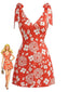 Mini Robe Orange Col V Florale à Bretelles Nouées Années 1970