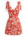 Mini Robe Orange Col V Florale à Bretelles Nouées Années 1970