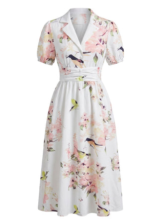 Robe Lapel Floral Hummingbird Imprimé Froncé Waist Années 1950