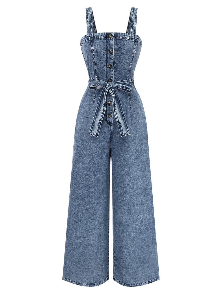 Combinaison Denim Larges Bretelles Ceinturée Boutonné Bleue Années 1930
