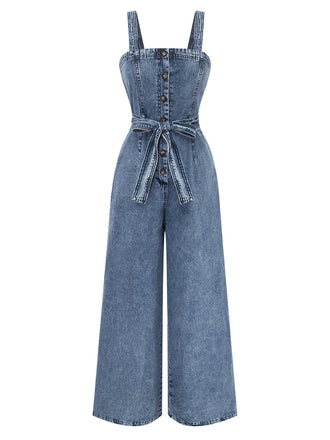 Combinaison Denim Larges Bretelles Ceinturée Boutonné Bleue Années 1930