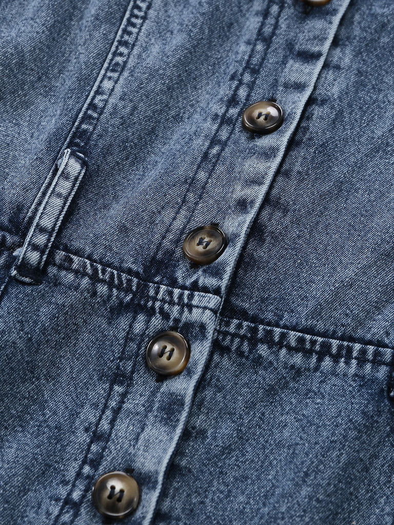 Combinaison Denim Larges Bretelles Ceinturée Boutonné Bleue Années 1930 4