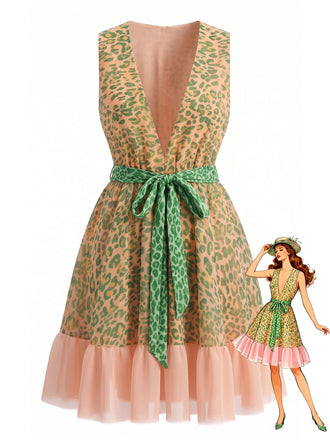 Robe en Tulle Sans Manches Col en V Ceinturée Léopard Vert années 50