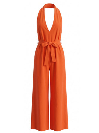 Combinaison à Jambes Larges Halter Col V Profond Ceinturée Unie Années 1930 2