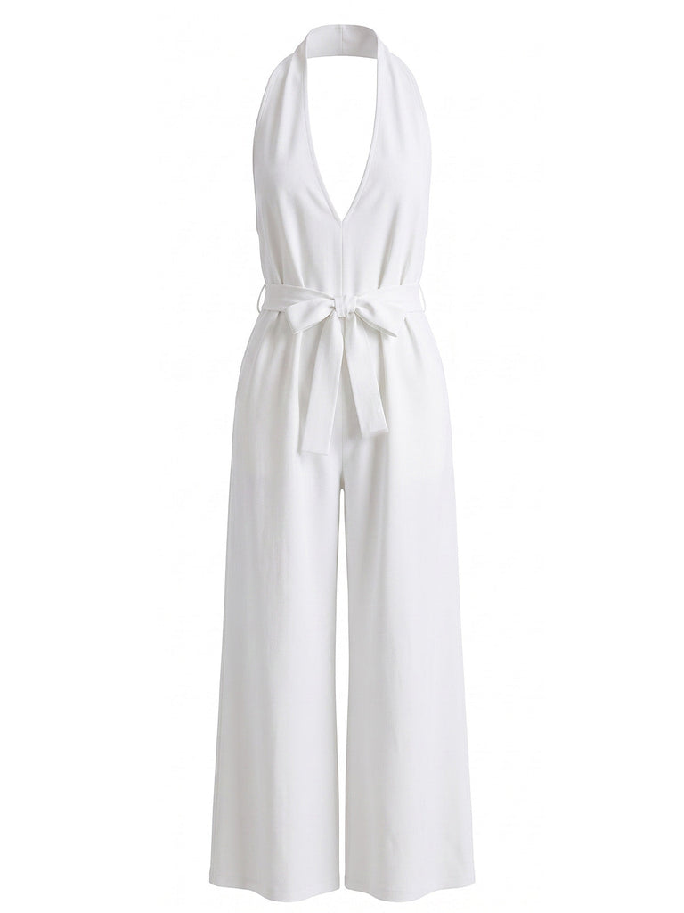 Combinaison à Jambes Larges Halter Col V Profond Ceinturée Unie Années 1930 6