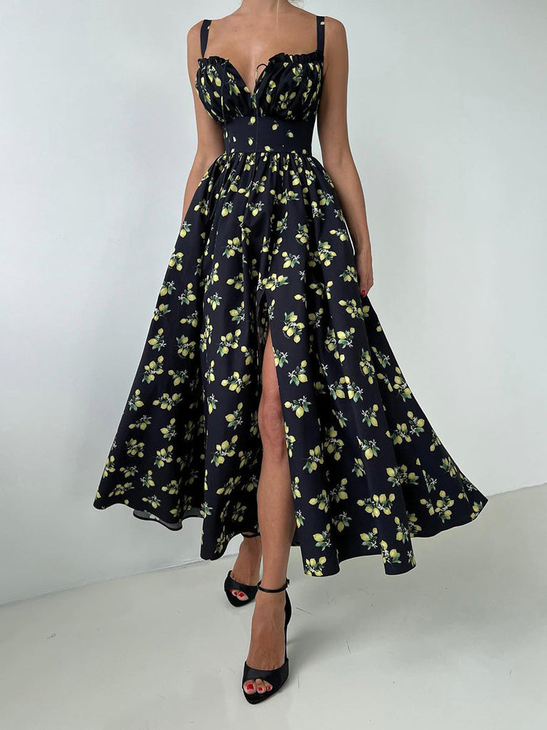 Robe Col V Imprimé Citron Fendue Taille Haute Années 1950 10