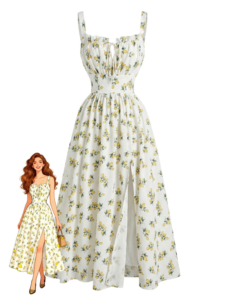 Robe Col V Imprimé Citron Fendue Taille Haute Années 1950