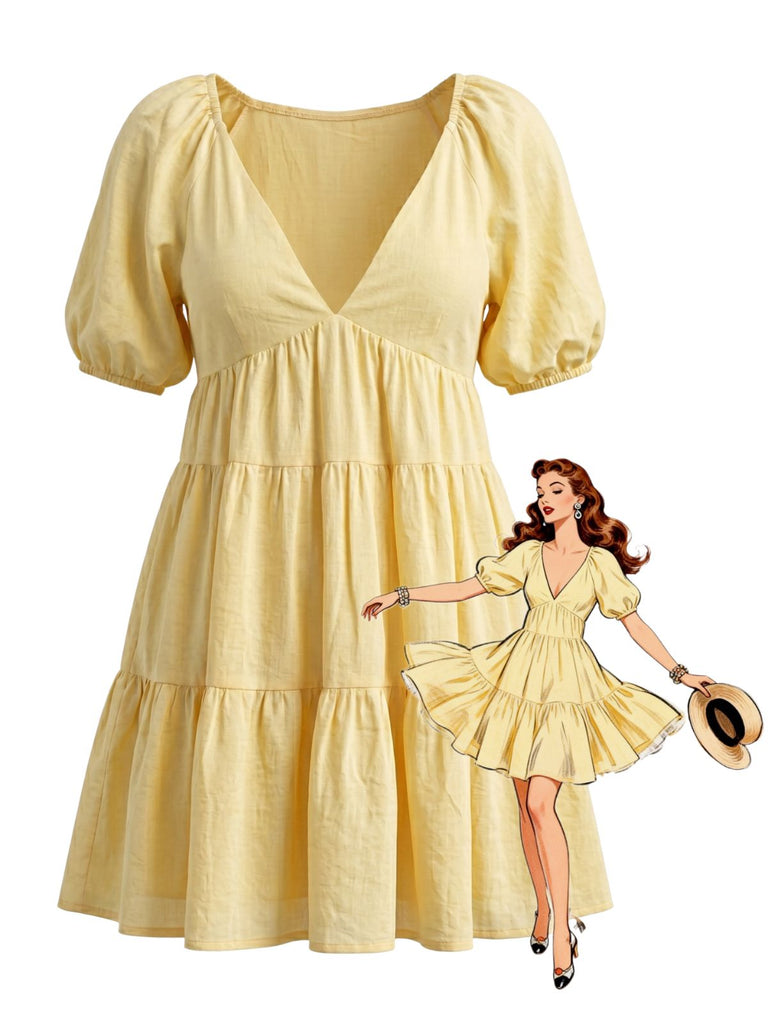 Robe Babydoll Col V à Manches Bouffantes Jaune Années 1950