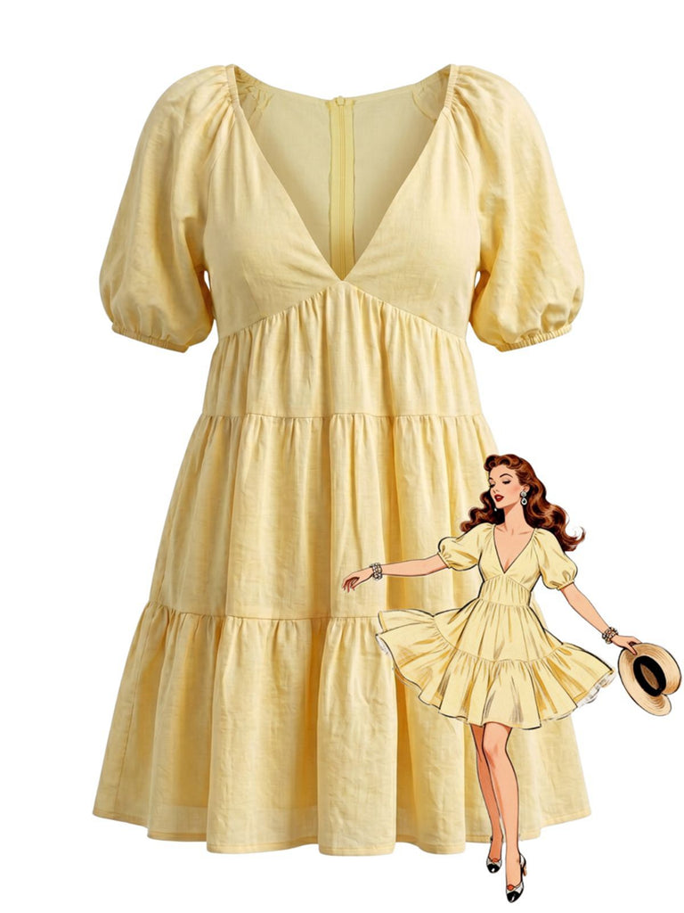 Robe babydoll jaune col V et manches bouffantes années 1950