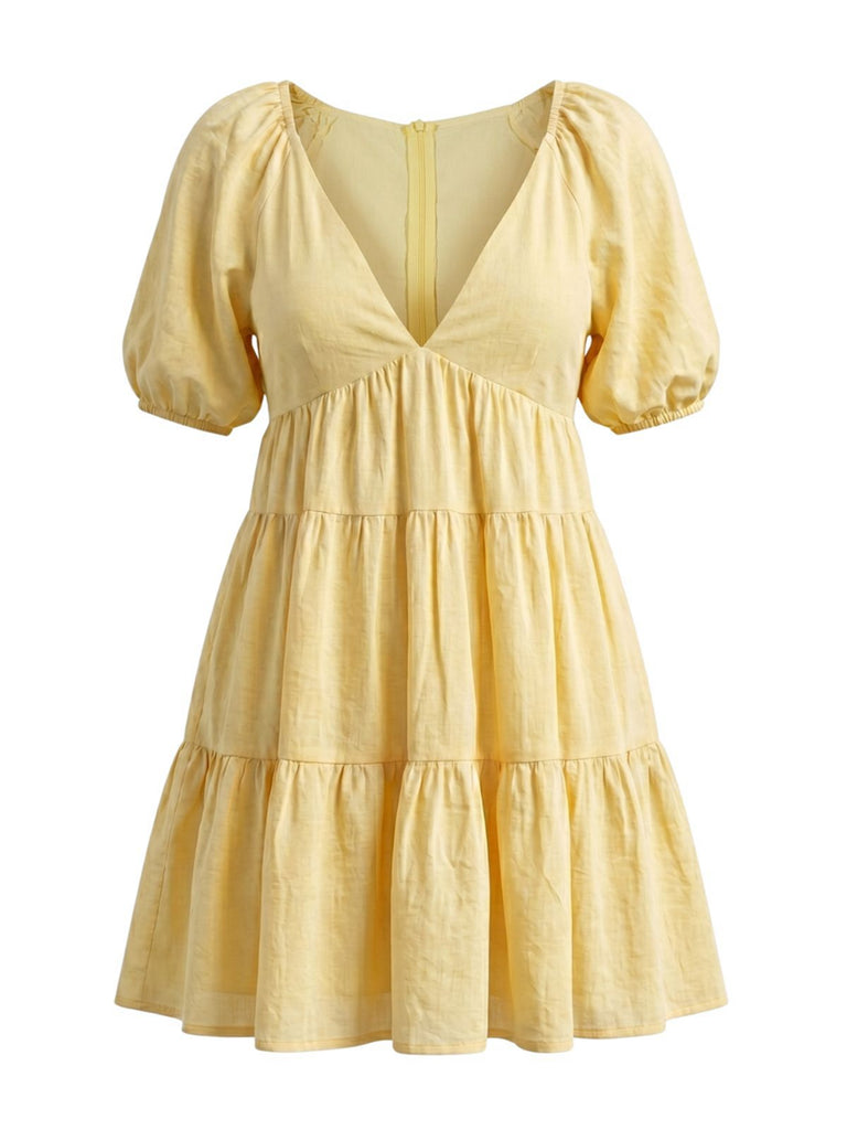 Robe babydoll jaune col V et manches bouffantes années 1950