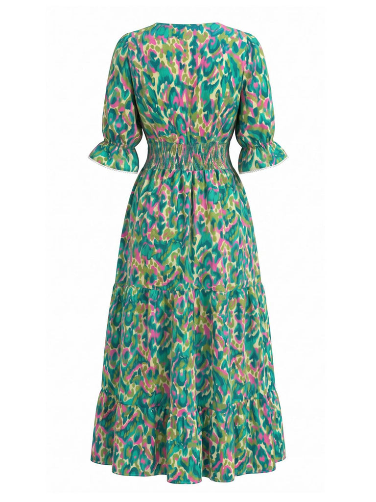 Robe Floral Col V à Volants Vert Années 1970