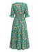 Robe Floral Col V à Volants Vert Années 1970