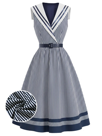 [Prévente] Robe Rayée Col Marin Col Châle Ceinturée Bleue Années 1940