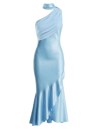 [Prévente] Robe Sirène Satin Halter Asymétrique à Volants Bleue Années 1930 2