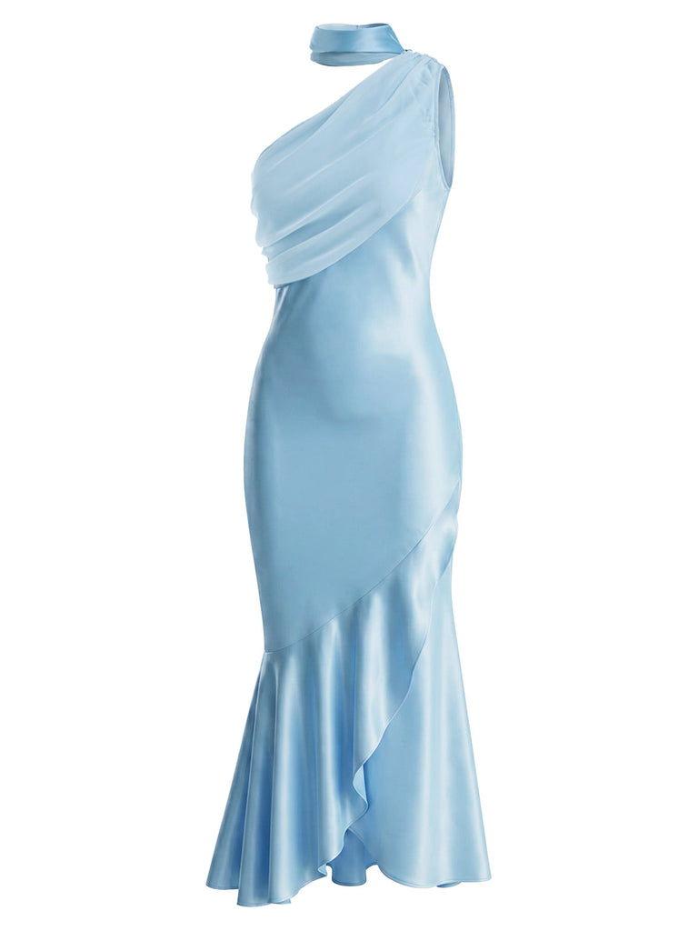 [Prévente] Robe Sirène Satin Halter Asymétrique à Volants Bleue Années 1930 3