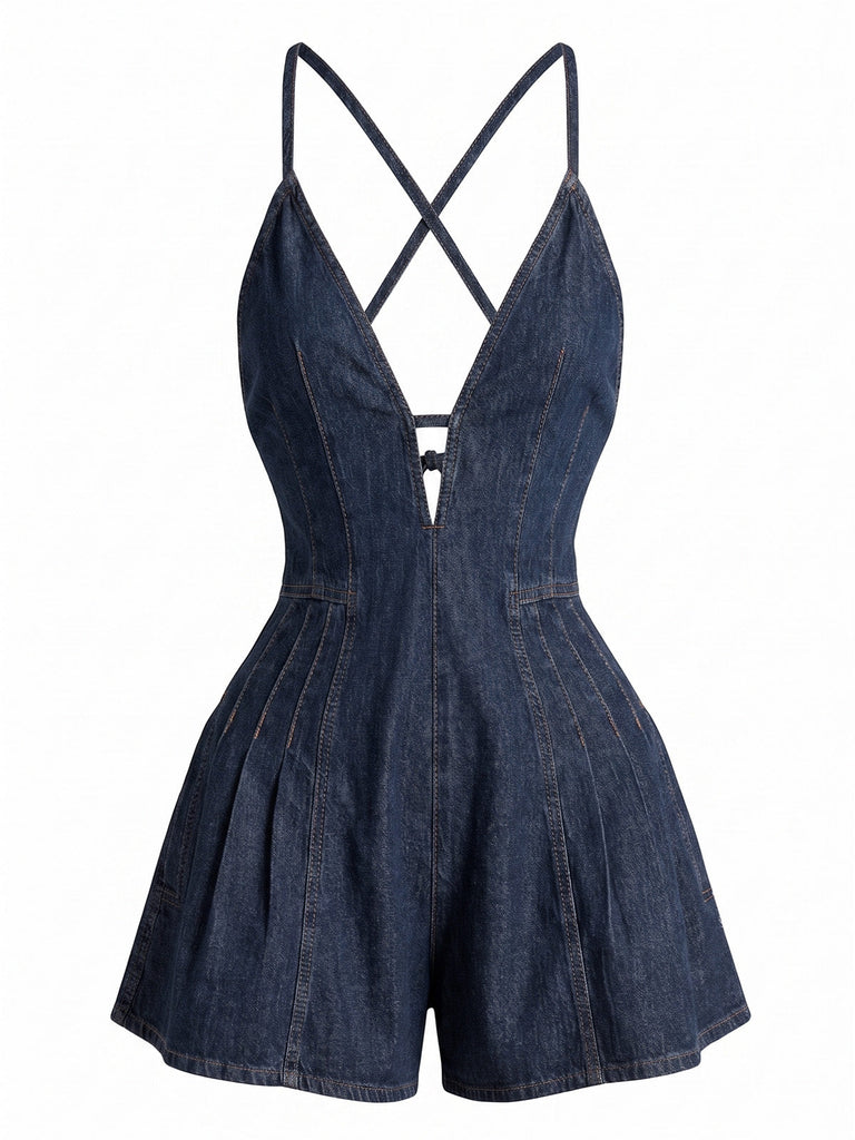 Combishort Coton Denim à Bretelles Noué au Dos Années 1950