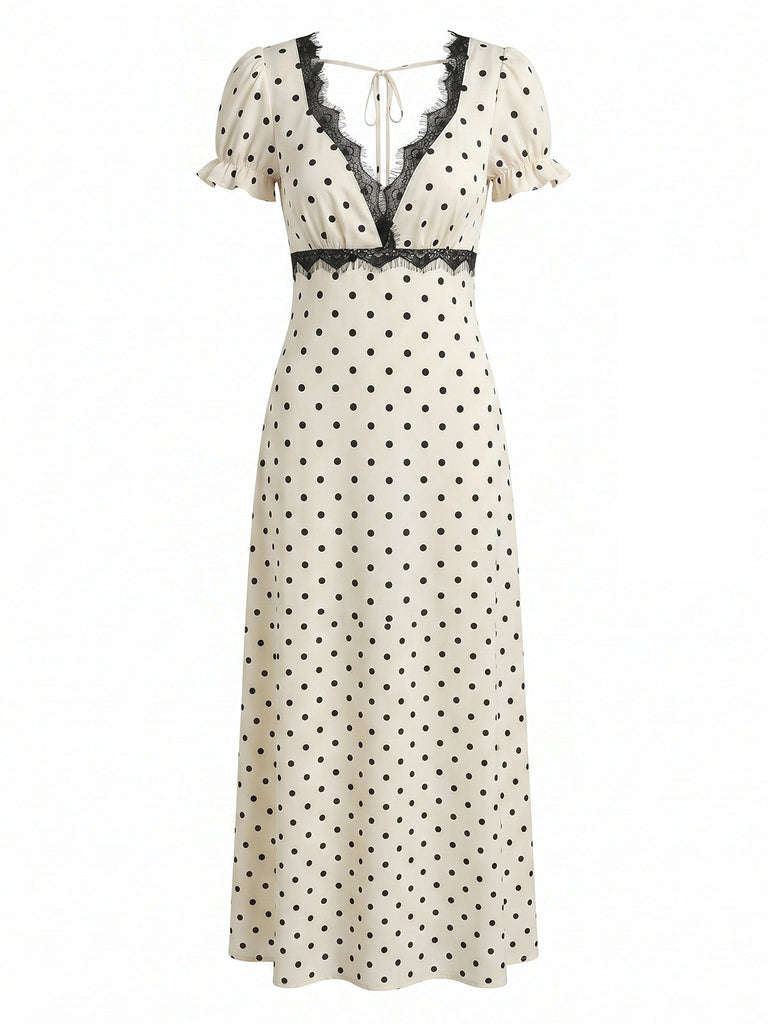 Robe à Pois Satin Dentelle Col V Beige Années 1930