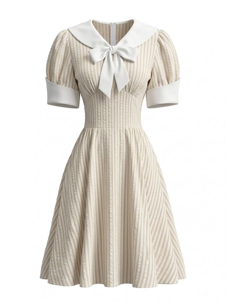 Robe Rayée Col Marin Manches Bouffantes Col à Nouer Années 1950 5