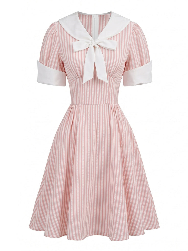 Robe Rayée Col Marin Manches Bouffantes Col à Nouer Années 1950